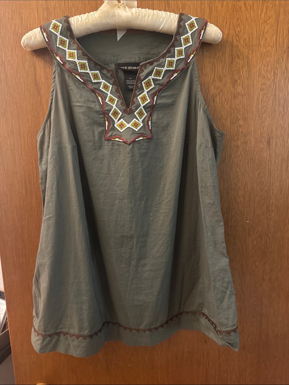 Lane Bryant Olive Green Sleeveless Tunic with Embroidered V-Neck